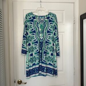 Elegant Green and Blue Long Sleeve Dress